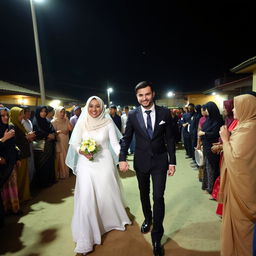 A groom in a black suit and a bride in a white wedding dress with a hijab are holding hands and walking through a crowd of relatives at night in a village