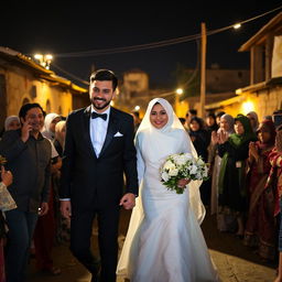 A groom in a black suit and a bride in a white wedding dress with a hijab are holding hands and walking through a crowd of relatives at night in a village