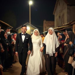 A groom in a black suit and a bride in a white wedding dress with a hijab are holding hands and walking through a crowd of relatives at night in a village