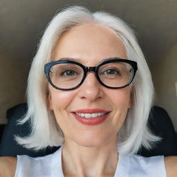 A realistic selfie of a woman with gleaming white hair wearing sunny glasses. She has properly proportioned facial features, a trim, smooth nose, dimples, bow-shaped lips, thin cheeks with highlighted cheekbones, large black eyebrows, moderate and smooth eyes, the image was captured using a low-quality phone camera.