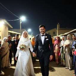 A groom in a black suit and a bride in a white wedding dress with a hijab are holding hands and walking through a crowd of relatives at night in a village