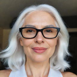 A realistic selfie of a woman with gleaming white hair wearing sunny glasses. She has properly proportioned facial features, a trim, smooth nose, dimples, bow-shaped lips, thin cheeks with highlighted cheekbones, large black eyebrows, moderate and smooth eyes, the image was captured using a low-quality phone camera.