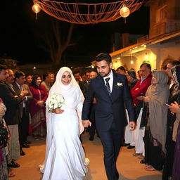 A groom in a black suit and a bride in a white wedding dress with a hijab are holding hands and walking through a crowd of relatives at night in a village in Cairo