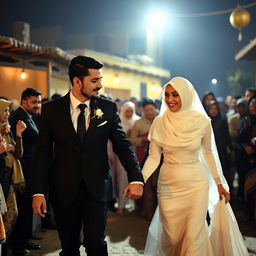 A groom in a black suit and a bride in a white wedding dress with a hijab are holding hands and walking through a crowd of relatives at night in a village in Cairo