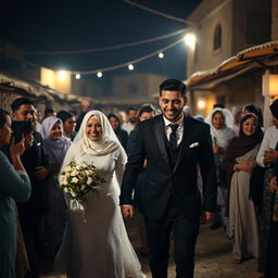 A groom in a black suit and a bride in a white wedding dress with a hijab are holding hands and walking through a crowd of relatives at night in a village in Cairo