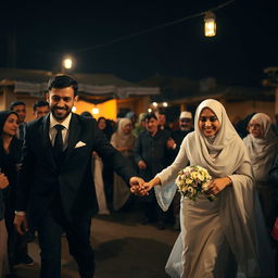 A groom in a black suit and a bride in a white wedding dress with a hijab are holding hands and walking through a crowd of relatives at night in a village in Cairo