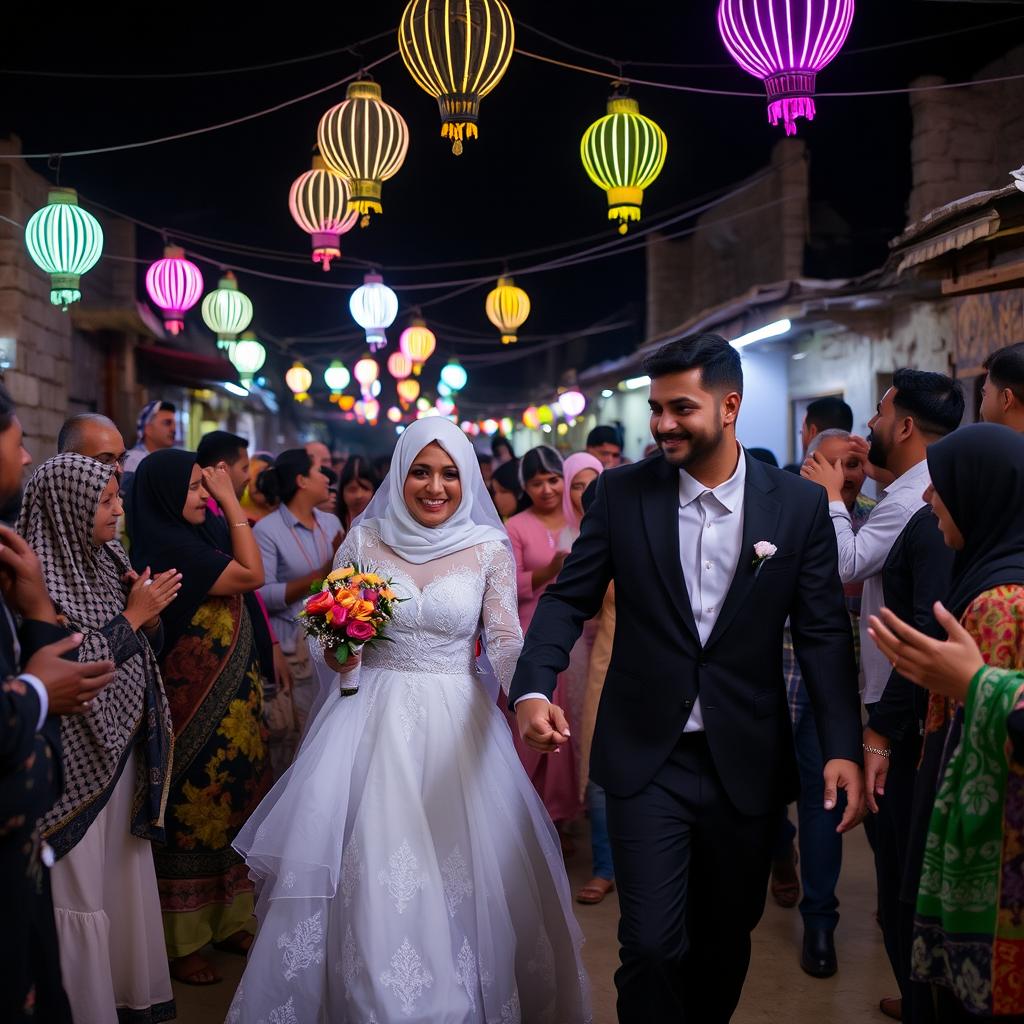 A groom in a black suit and a bride in a white wedding dress with a hijab are holding hands and walking through a crowd of relatives at night in a village in Cairo