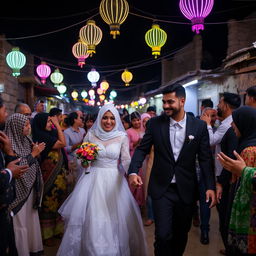 A groom in a black suit and a bride in a white wedding dress with a hijab are holding hands and walking through a crowd of relatives at night in a village in Cairo