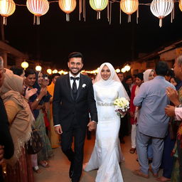 A groom in a black suit and a bride in a white wedding dress with a hijab are holding hands and walking through a crowd of relatives at night in a village in Cairo