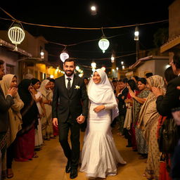 A groom in a black suit and a bride in a white wedding dress with a hijab are holding hands and walking through a crowd of relatives at night in a village in Cairo