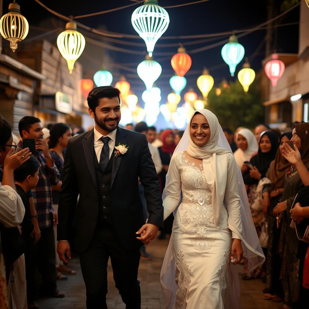 A groom in a black suit and a bride in a white wedding dress with a hijab are holding hands and walking through a crowd of relatives at night in a village in Cairo