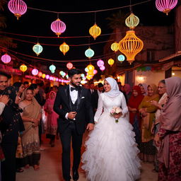 A groom in a black suit and a bride in a white, fluffy wedding dress with a hijab are holding hands and walking through a crowd of relatives at night in a village in Cairo