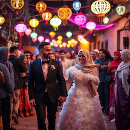 A groom in a black suit and a bride in a white, fluffy wedding dress with a hijab are holding hands and walking through a crowd of relatives at night in a village in Cairo