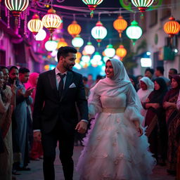 A groom in a black suit and a bride in a white, fluffy wedding dress with a hijab are holding hands and walking through a crowd of relatives at night in a village in Cairo