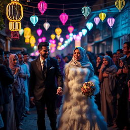 A groom in a black suit and a bride in a white, fluffy wedding dress with a hijab are holding hands and walking through a crowd of relatives at night in a village in Cairo