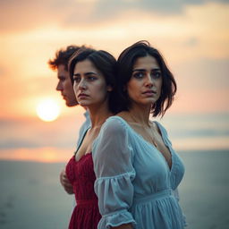 A poignant scene of a hurt romance between a woman and a man standing on a beach