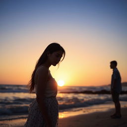 A poignant scene of a hurt romance between a woman and a man standing on a beach