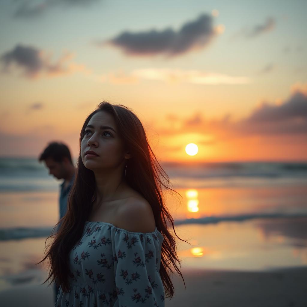 A poignant scene of a hurt romance between a woman and a man standing on a beach