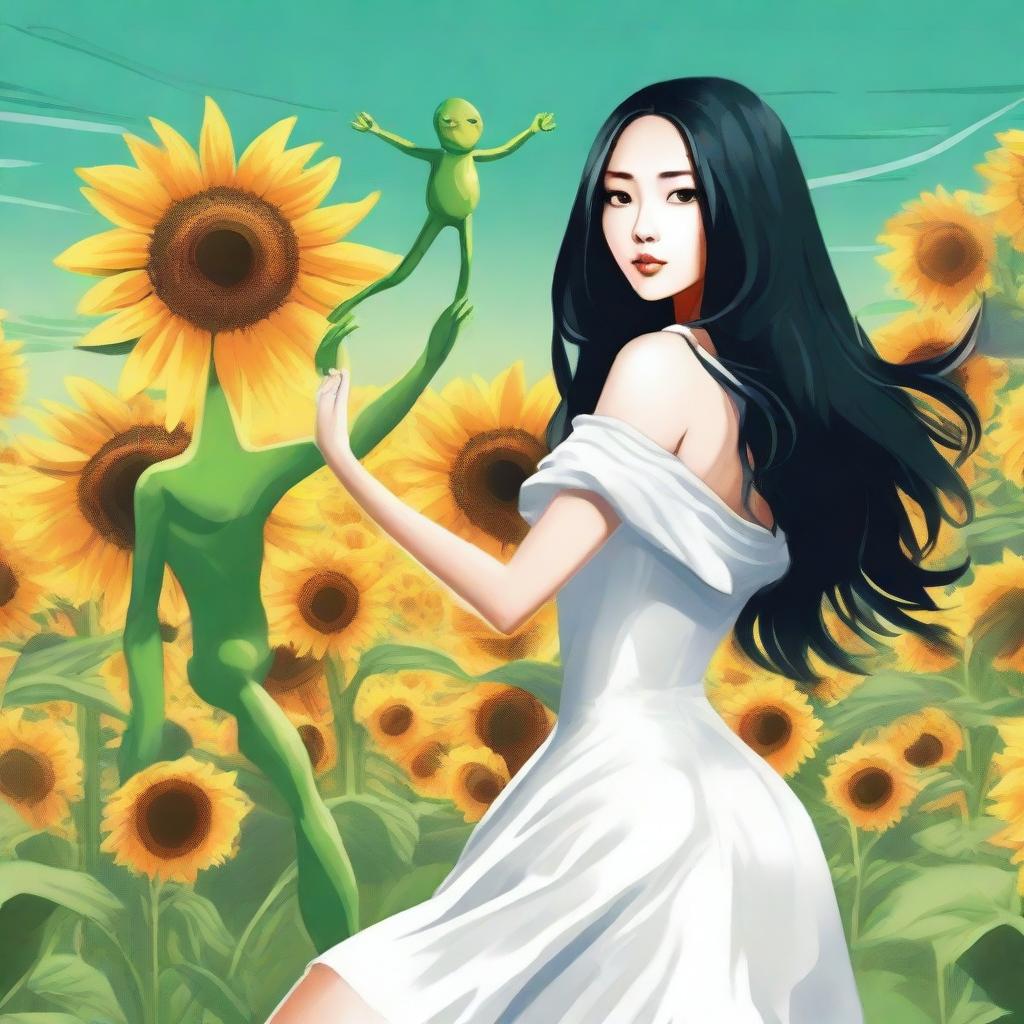 Draw a woman with long black hair and large breasts wearing sexy white clothing dancing with a green alien in the middle of a sunflower field