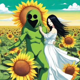 Draw a woman with long black hair and large breasts wearing sexy white clothing dancing with a green alien in the middle of a sunflower field