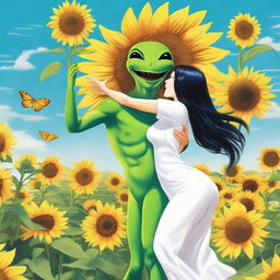 Draw a woman with long black hair and large breasts wearing sexy white clothing dancing with a green alien in the middle of a sunflower field