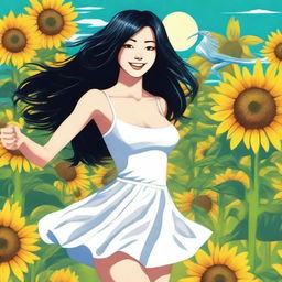 Draw a woman with long black hair and large breasts wearing sexy white clothing dancing with a green alien in the middle of a sunflower field