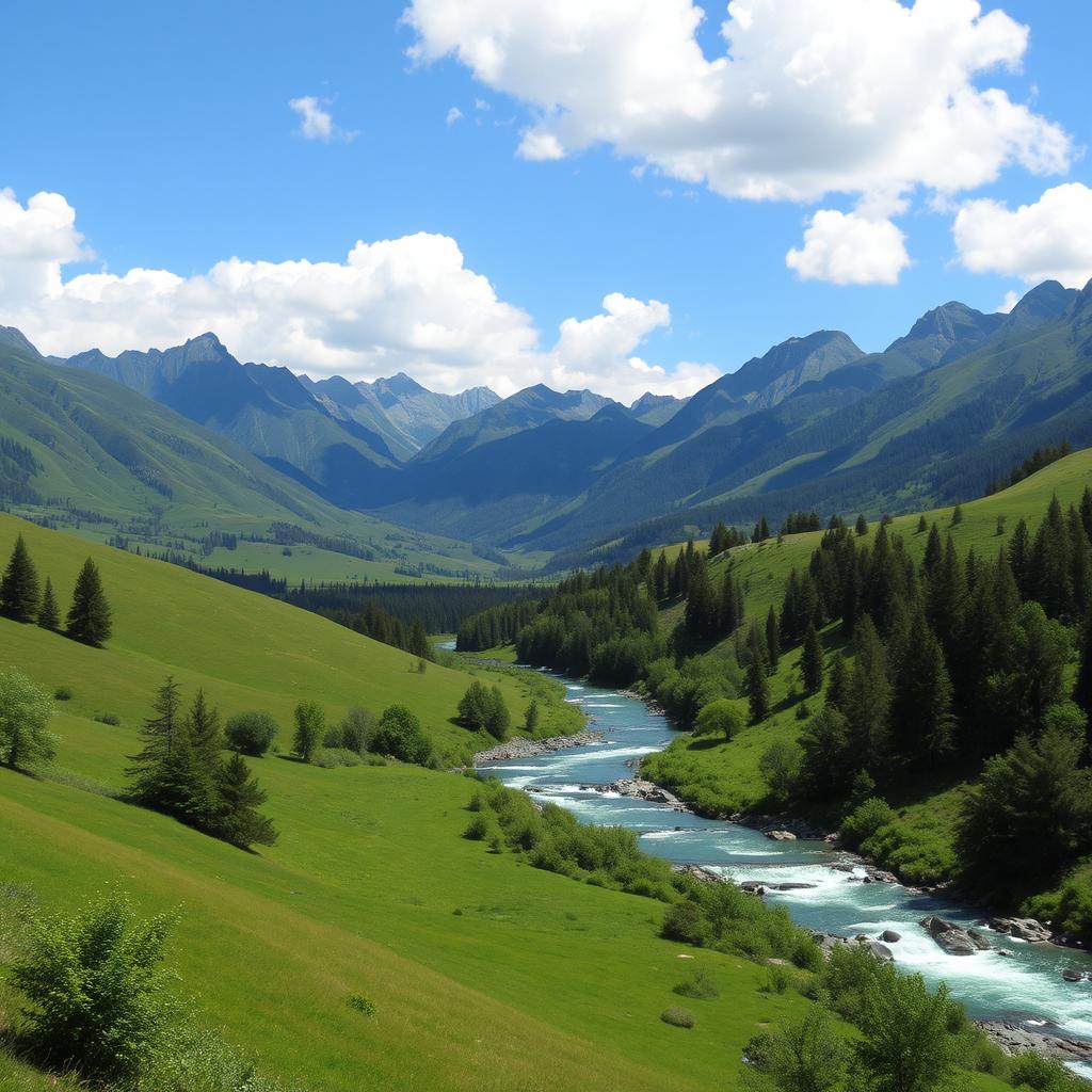 A beautiful landscape with mountains in the background, a river flowing through a lush green valley, and a clear blue sky with fluffy white clouds