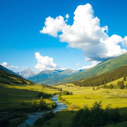 A beautiful landscape with mountains in the background, a river flowing through a lush green valley, and a clear blue sky with fluffy white clouds