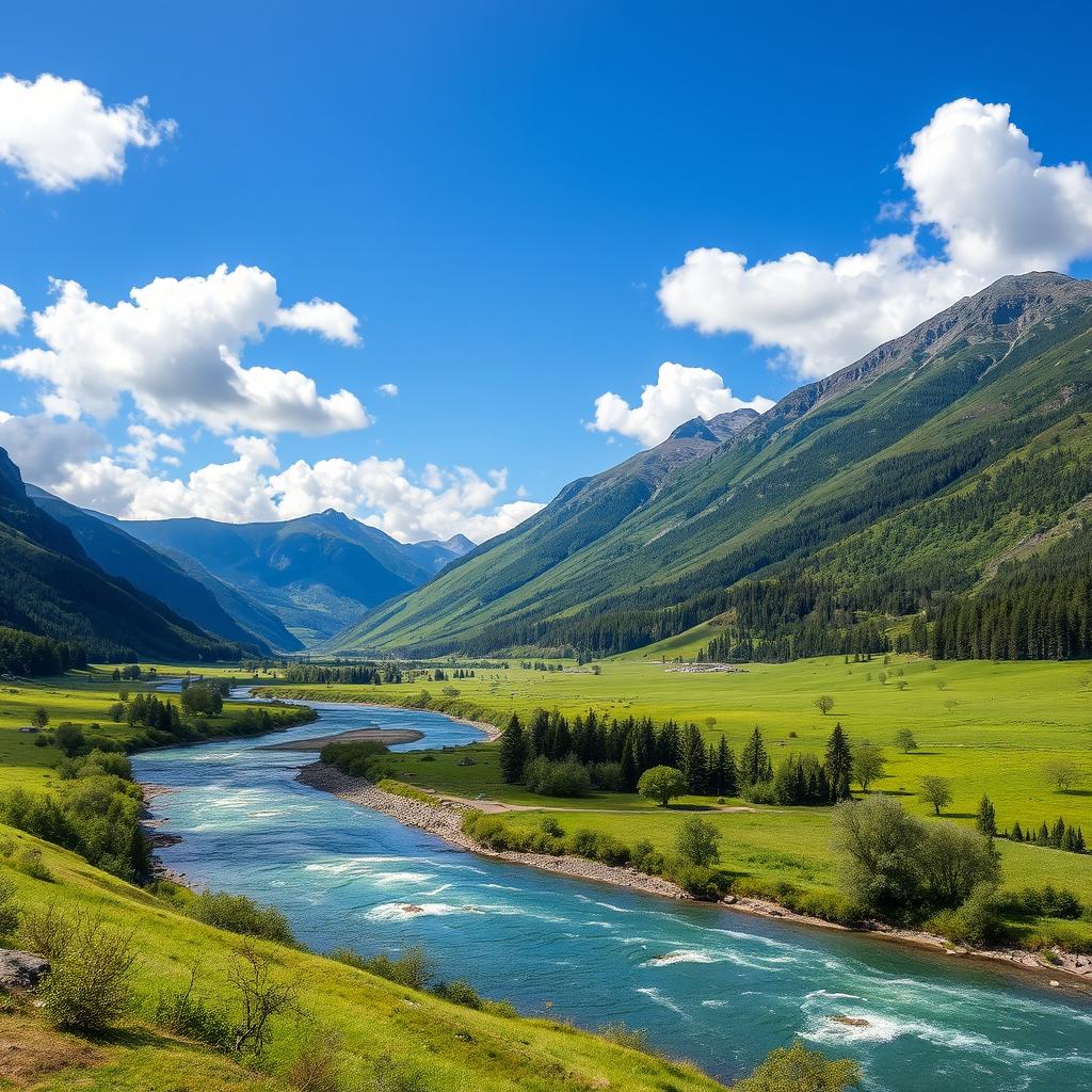 A beautiful landscape with mountains in the background, a river flowing through a lush green valley, and a clear blue sky with fluffy white clouds