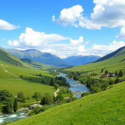 A beautiful landscape with mountains in the background, a river flowing through a lush green valley, and a clear blue sky with fluffy white clouds