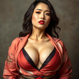 A seductive Japanese woman with red lips, wearing an outfit that reveals a lot of cleavage and emphasizes her large breasts