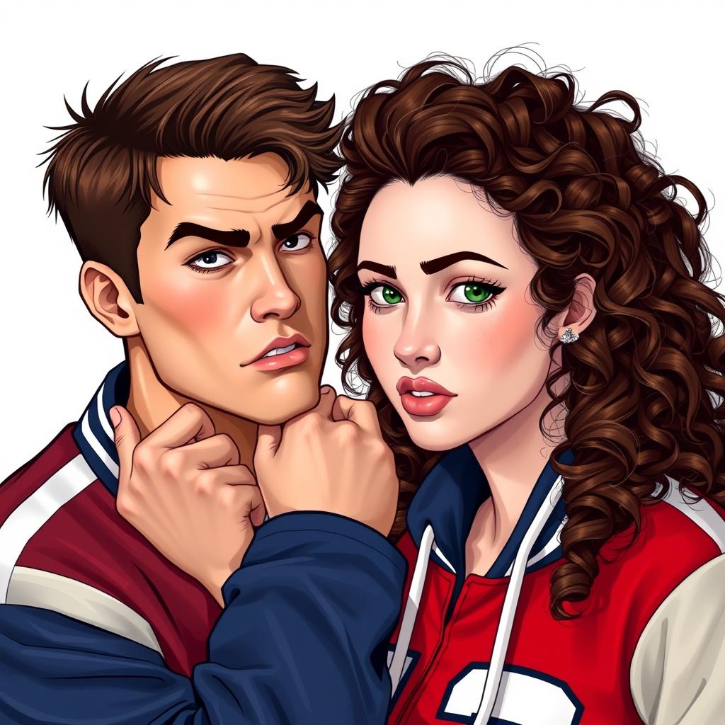 A handsome man with brown hair and green eyes wearing a football team jacket with a bad boy expression, cruelly holding the chin of a white woman with curly brown hair