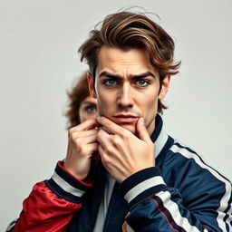 A handsome man with brown hair and green eyes wearing a football team jacket with a bad boy expression, cruelly holding the chin of a white woman with curly brown hair