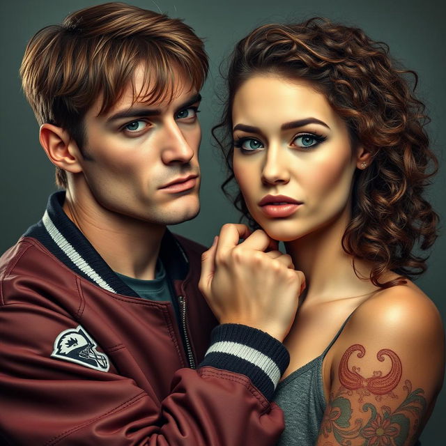 A handsome man with brown hair and green eyes wearing a football team jacket with a bad boy expression, cruelly holding the chin of a white woman with curly brown hair