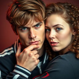 A handsome man with brown hair and green eyes wearing a football team jacket with a bad boy expression, cruelly holding the chin of a white woman with curly brown hair