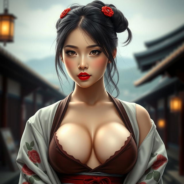 A seductive Japanese girl from a village with red lips, wearing an outfit that reveals a lot of cleavage and emphasizes her large breasts