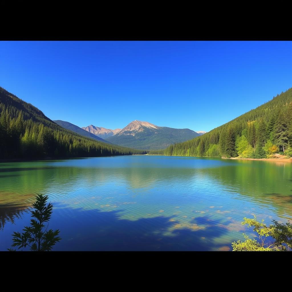 A beautiful landscape featuring a serene lake surrounded by lush green forests, with mountains in the background under a clear blue sky