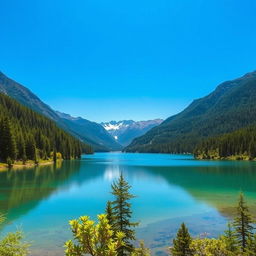 A beautiful landscape featuring a serene lake surrounded by lush green forests, with mountains in the background under a clear blue sky