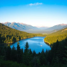 A beautiful landscape featuring a serene lake surrounded by lush green forests, with mountains in the background under a clear blue sky