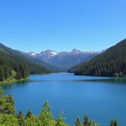 A beautiful landscape featuring a serene lake surrounded by lush green forests, with mountains in the background under a clear blue sky