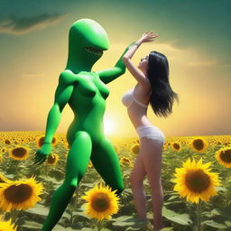 Create an image of a woman with long black hair, very large breasts, wearing sexy white lingerie, dancing with a green alien in the middle of a sunflower field with a beautiful sunset on the horizon