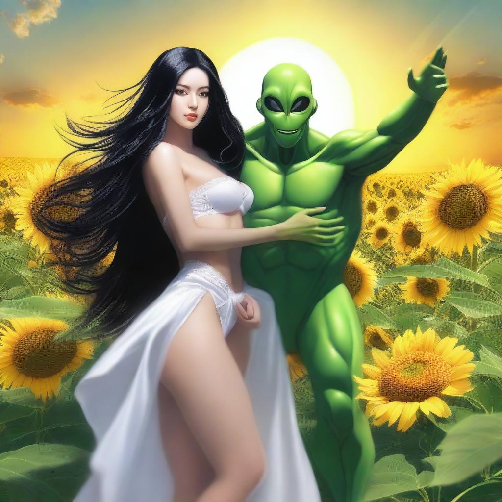 Create an image of a woman with long black hair, very large breasts, wearing sexy white lingerie, dancing with a green alien in the middle of a sunflower field with a beautiful sunset on the horizon