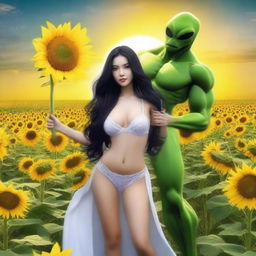 Create an image of a woman with long black hair, very large breasts, wearing sexy white lingerie, dancing with a green alien in the middle of a sunflower field with a beautiful sunset on the horizon