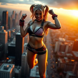 A fit woman in a tattered Harley Quinn outfit hovers above a city skyline at sunset