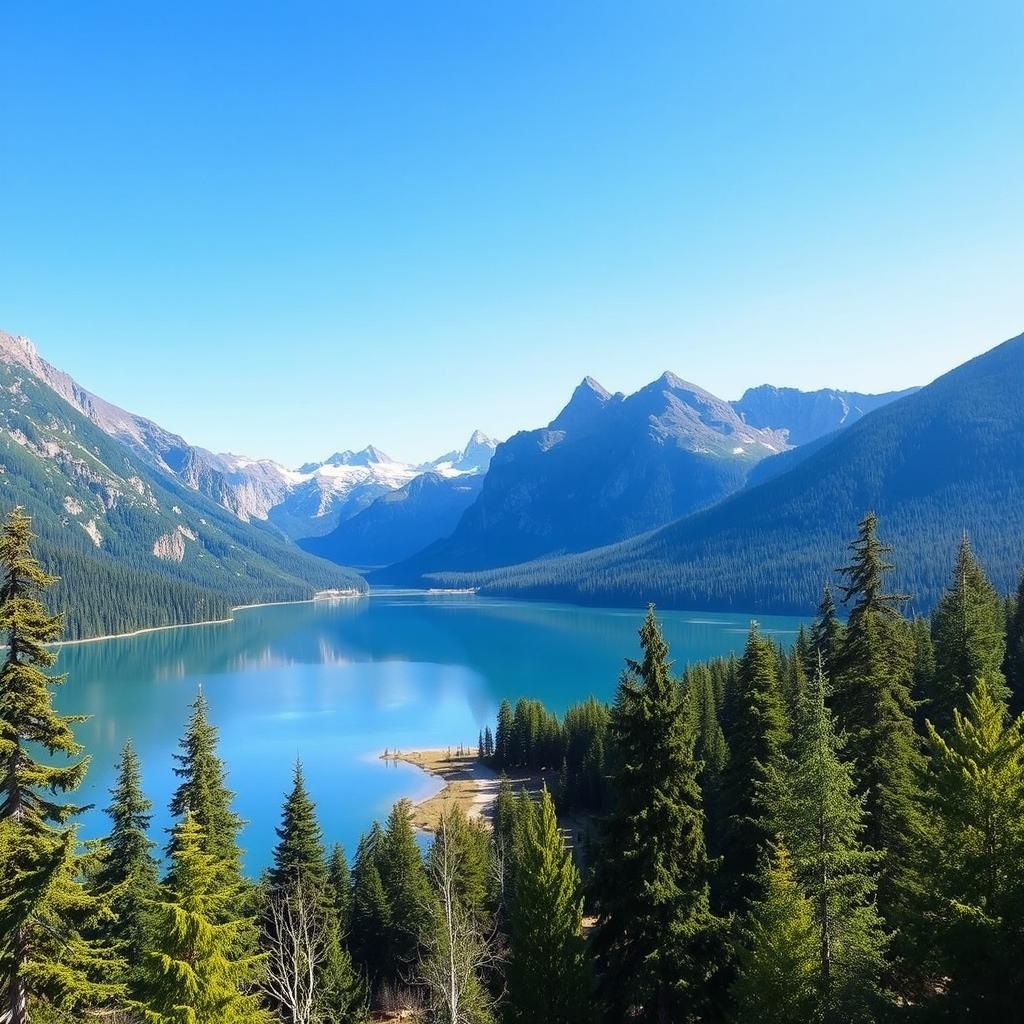 A beautiful landscape with a serene lake surrounded by mountains, trees, and a clear blue sky