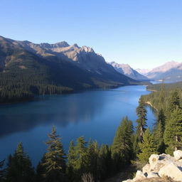 A beautiful landscape with a serene lake surrounded by mountains, trees, and a clear blue sky