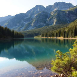 A beautiful landscape with a serene lake surrounded by mountains, trees, and a clear blue sky