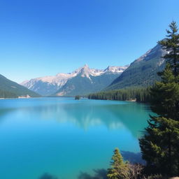 A beautiful landscape with a serene lake surrounded by mountains, trees, and a clear blue sky