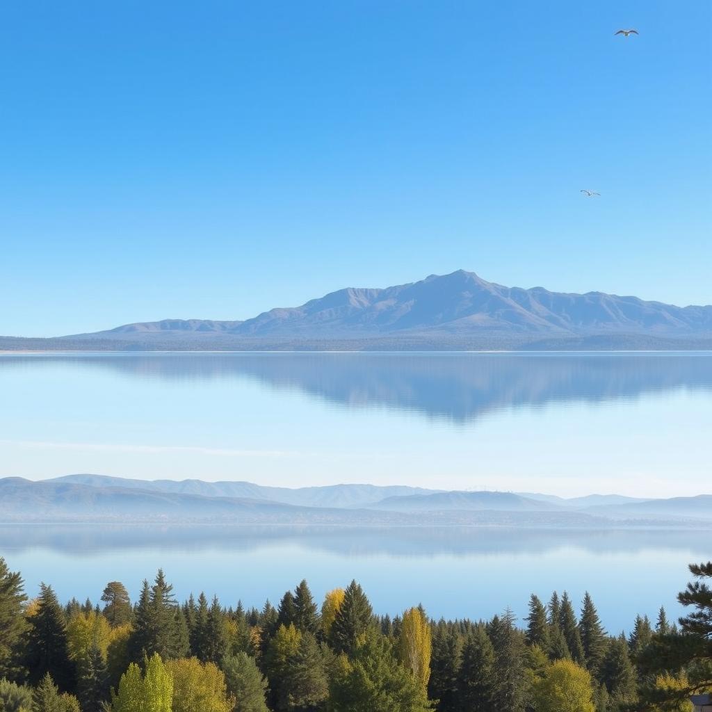 A serene landscape featuring a clear blue sky, a calm lake reflecting the surrounding trees, and a mountain range in the background