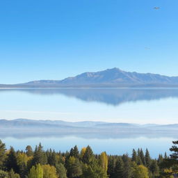 A serene landscape featuring a clear blue sky, a calm lake reflecting the surrounding trees, and a mountain range in the background